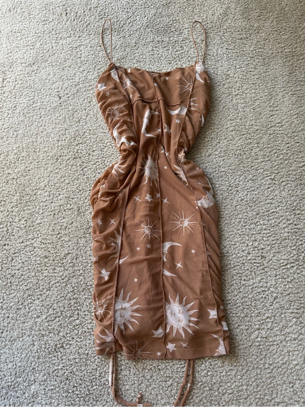Forever 21 Tan Slip Dress with White Celestial Print casual sexy y2k